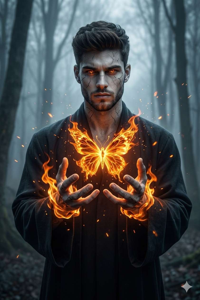 Dark Forest Fire Mage Portrait Prompt Glowing Butterfly AI Effect 🔥🦋